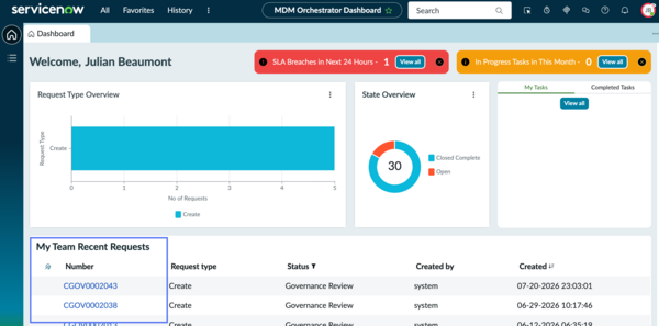 MDM Orchestrator dashboard with my team recent requests list highlighted.