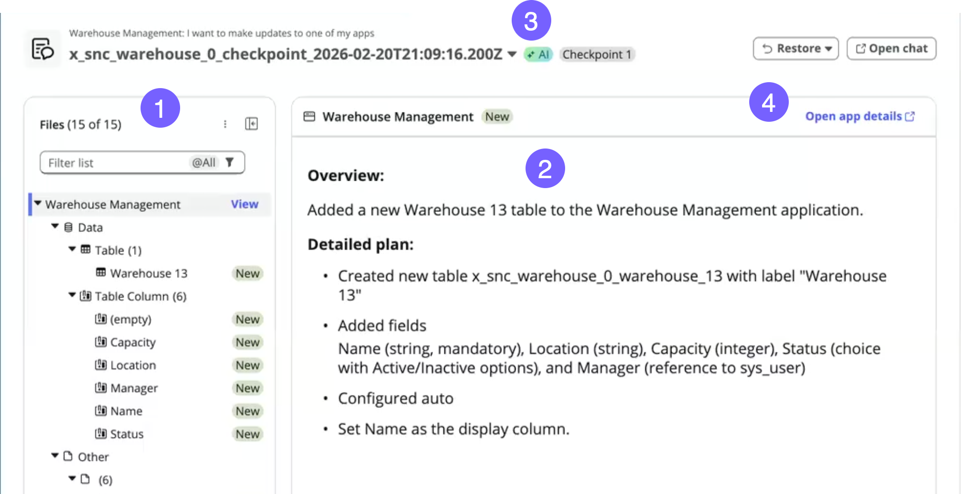 The conversational change log shows changes Build Agent has made to an application