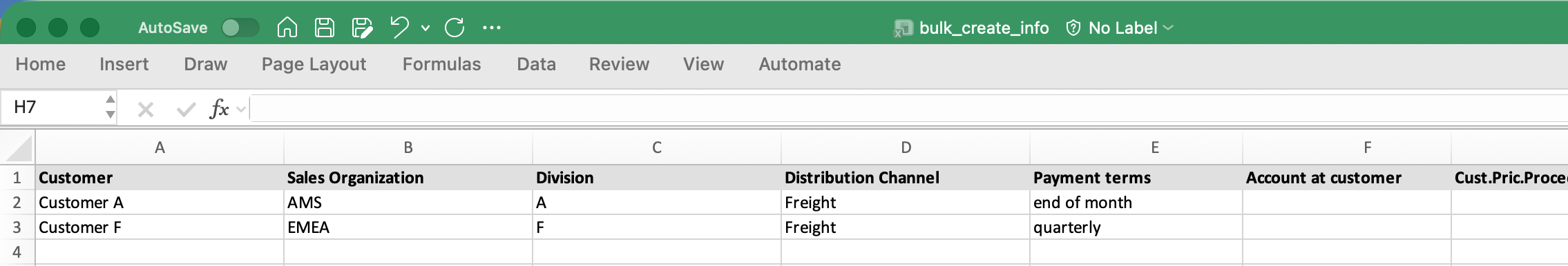 Sample spreadsheet showing information in two rows and several columns.