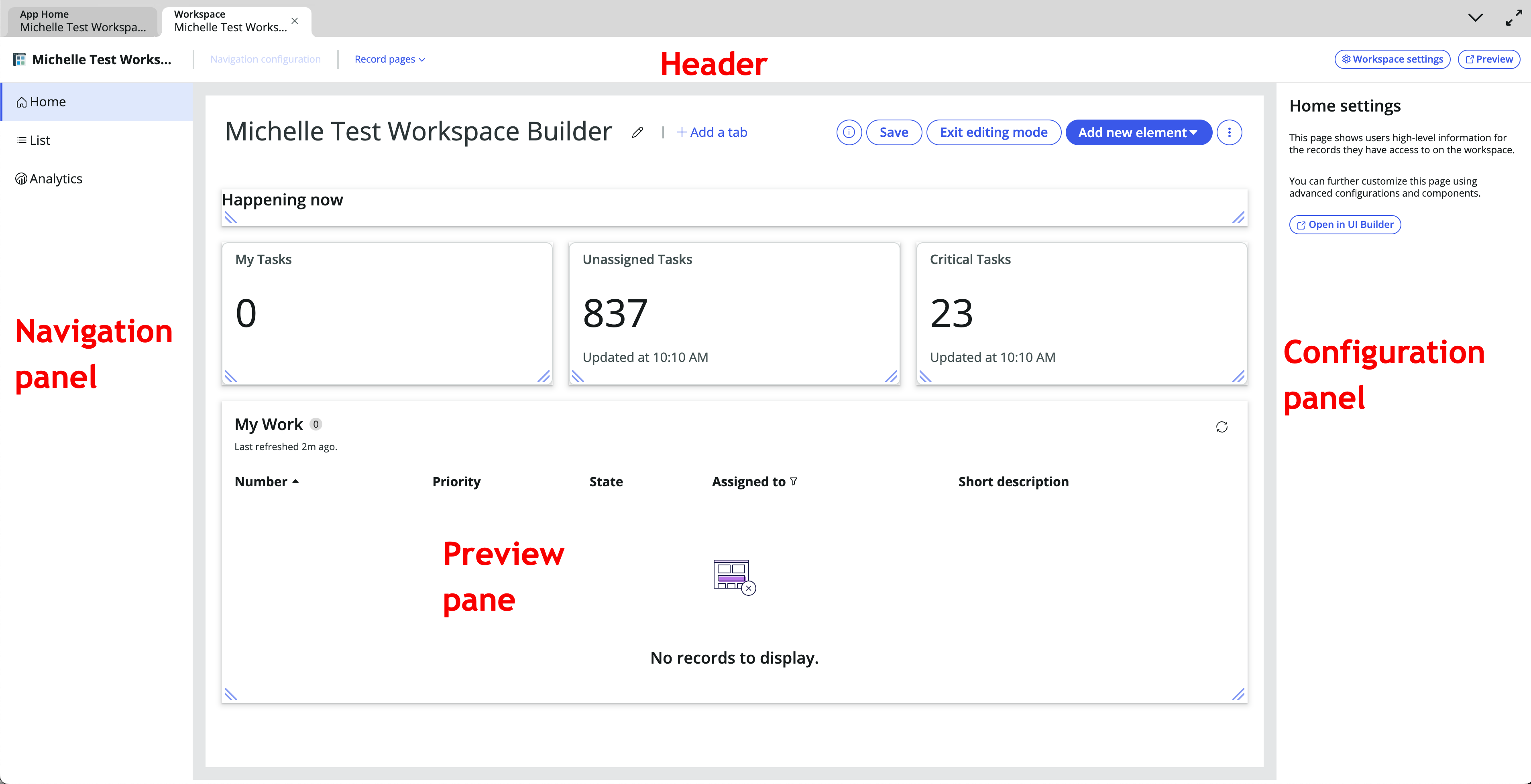 Basic layout for Workspace Builder: Header, Navigation panel, Configuration panel, and preview pane