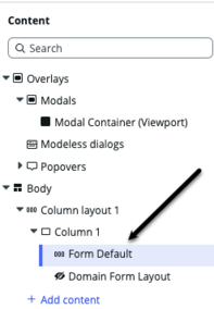 Content tree with black arrow pointing to a form component.