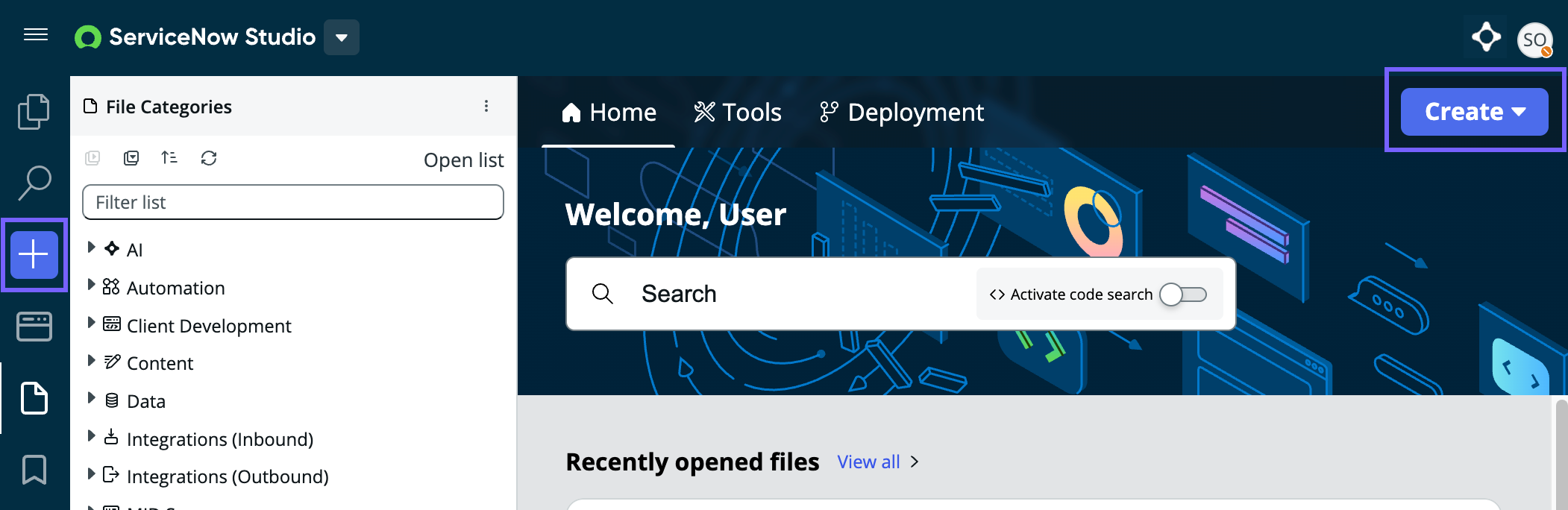 Use either Create button on the home page to begin working on a new application.