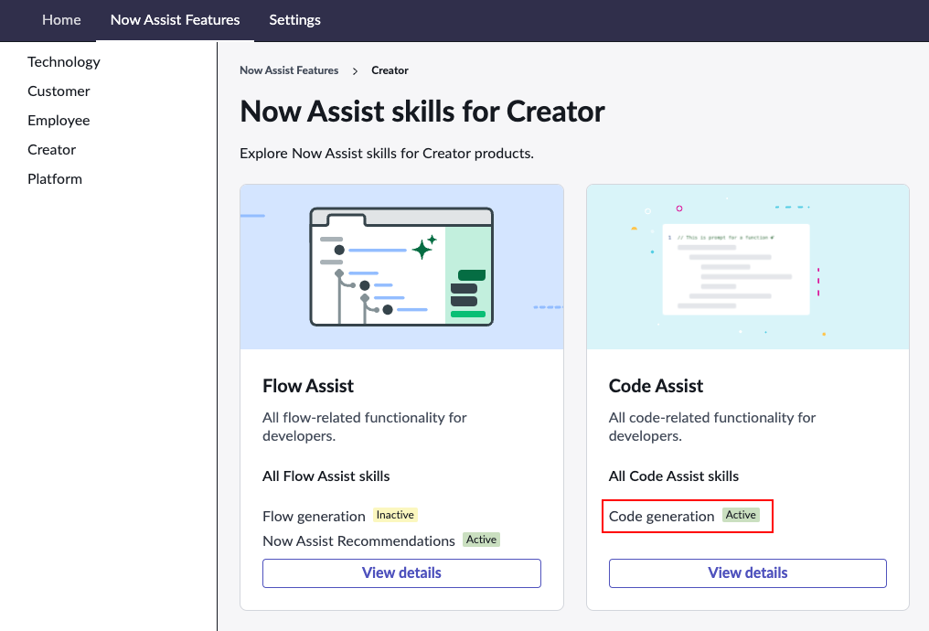 Code assist card displaying the Text-to-code skill in Now Assist Admin.