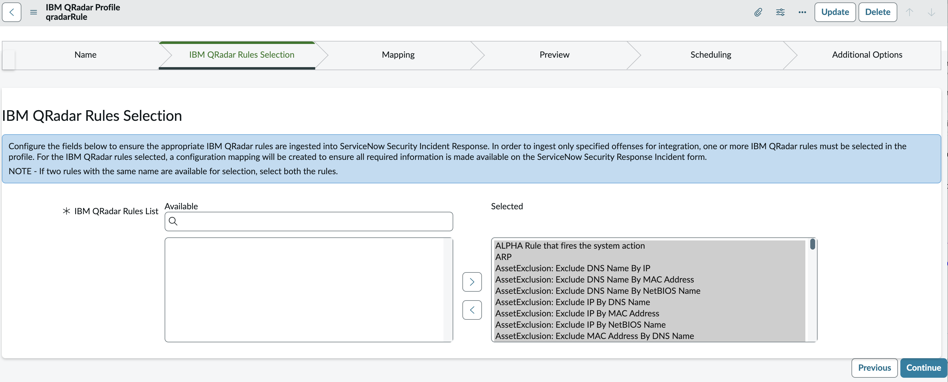 IBM QRadar: Create Profile: Select Rules