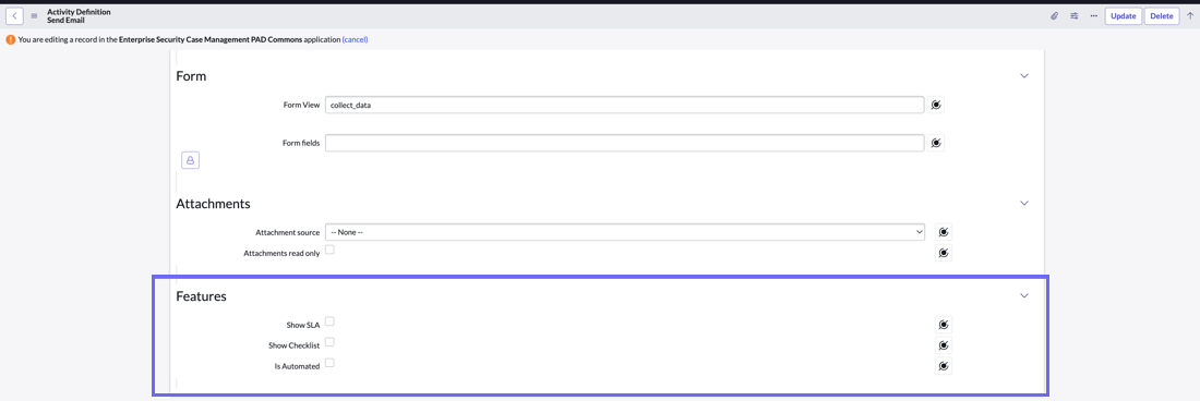 Activity Definition - Send Email Form page
