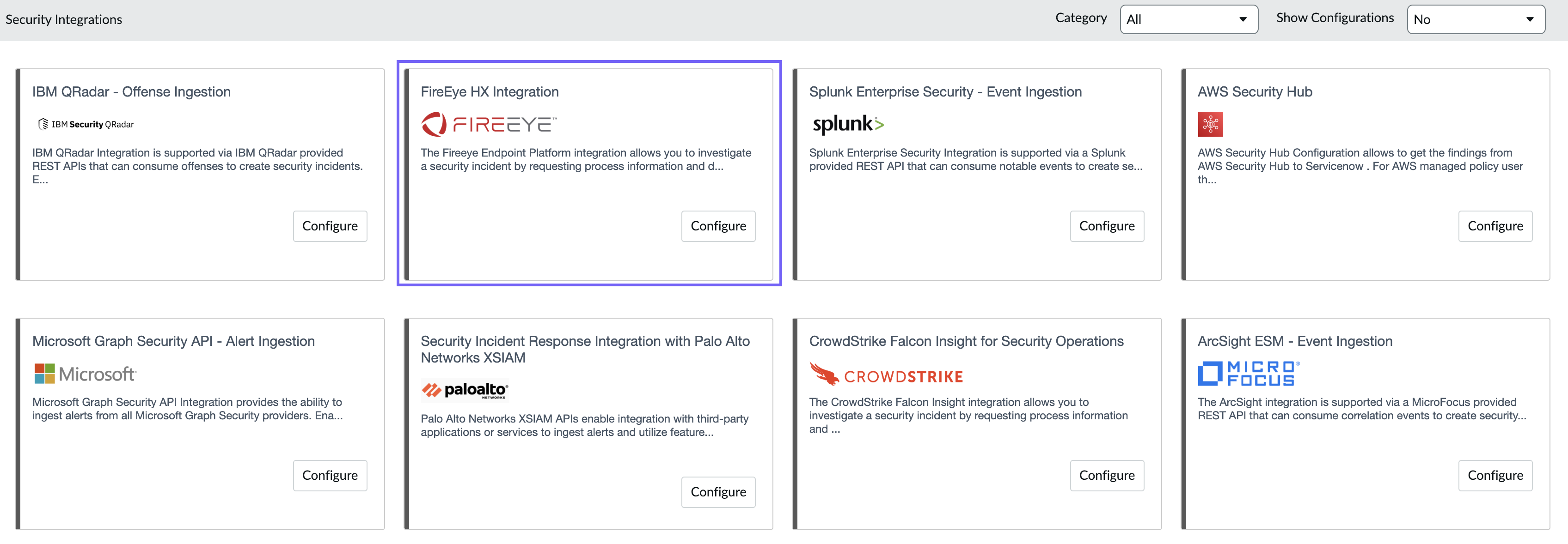 FireEye HX Integration tile highlighted