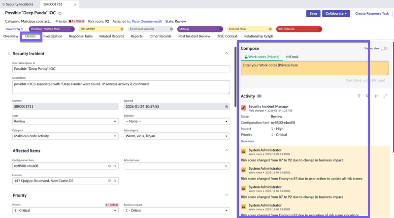 Malicious code activity view: Details tab.