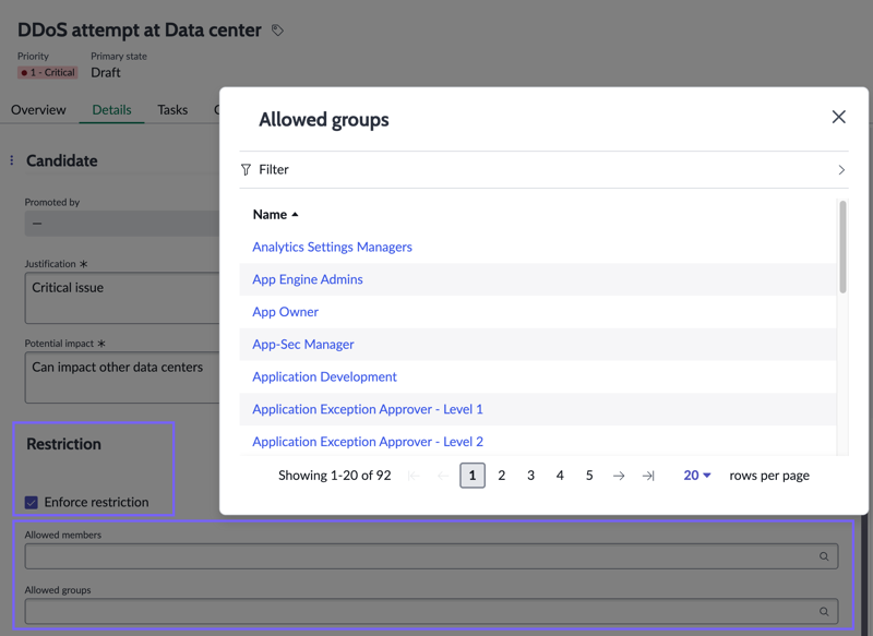 Limit access to major security incidents only to certain groups or users.