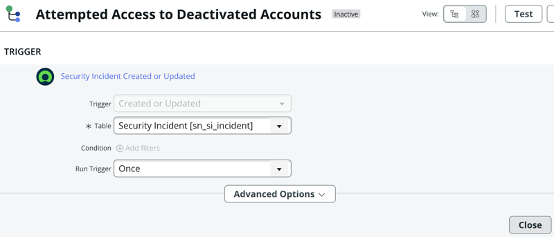 Trigger condition for Attempted Access to Deactivated Accounts playbook.