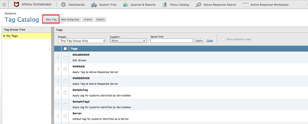 New Tag button highlighted in McAfee ePO.