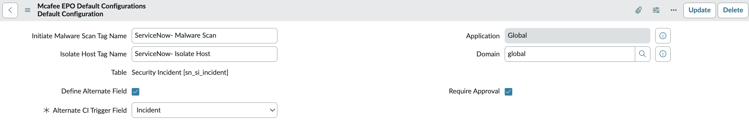 Edit security tags in the ServiceNow AI Platform for the McAfee integration