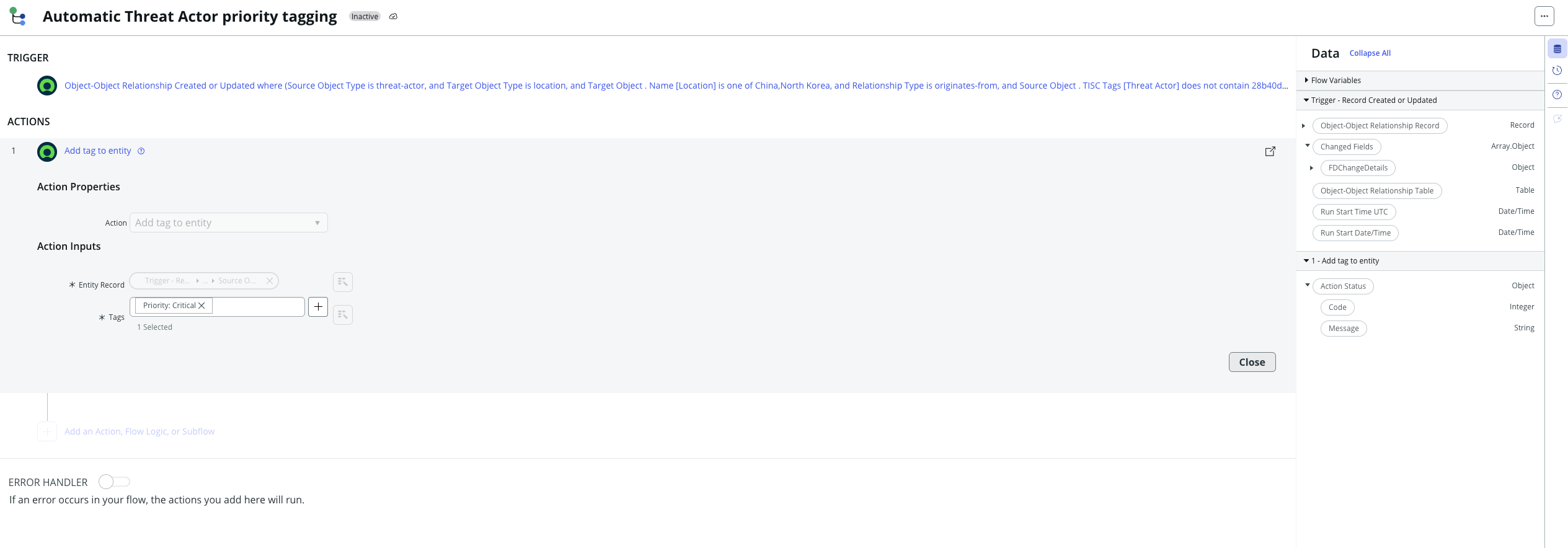 Automatic Threat Actor priority tagging in TISC