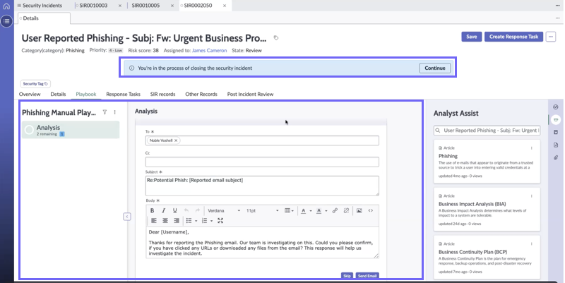 Using the Phishing Manual Playbook to analyse a user reported phishing incident.