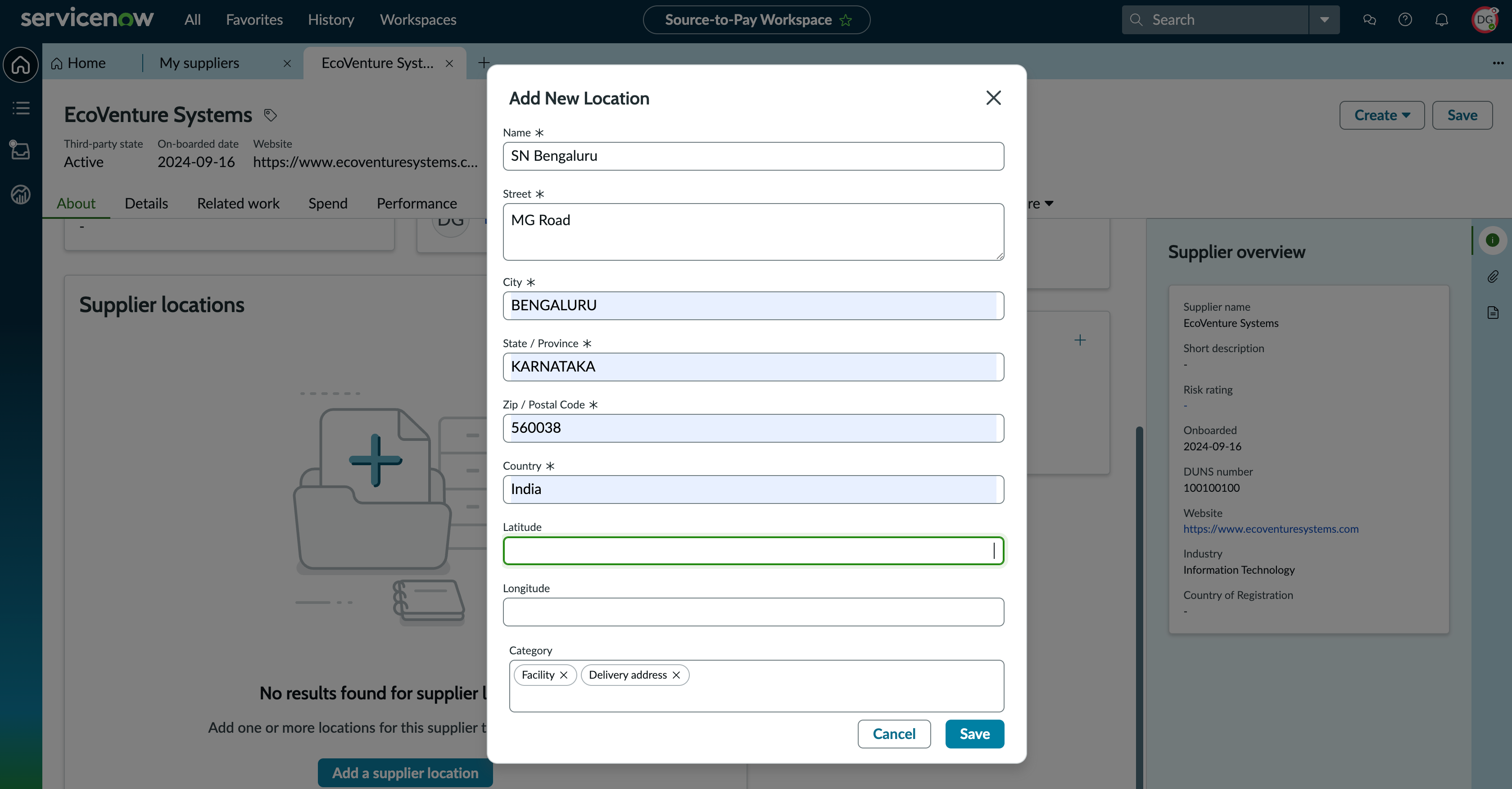 Completed form for adding a new location.