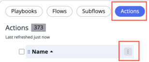 Onglet Actions du studio de workflow avec l’icône de filtre de colonne de nom mise en surbrillance.