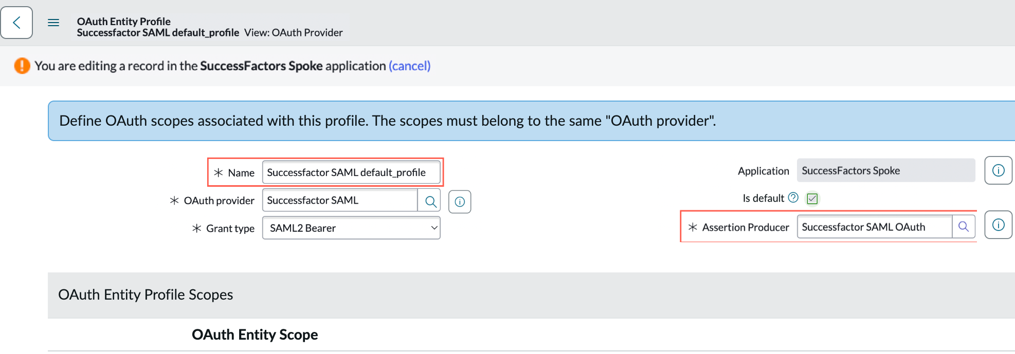 이 프로파일에 대해 범위가 지정된 OAuth 정의