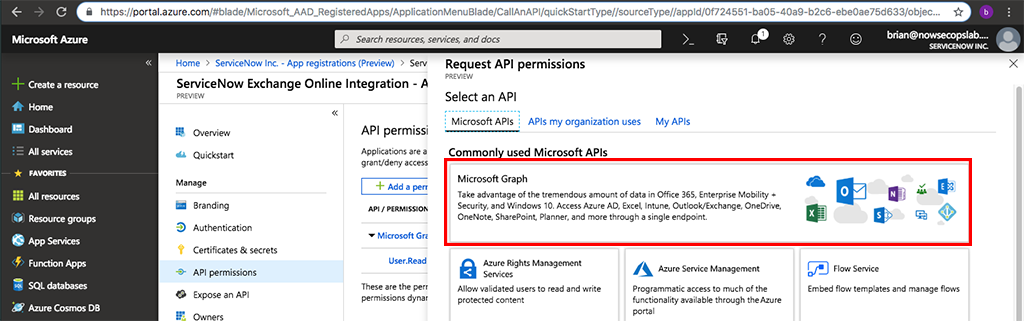 Microsoft Azure ポータルの、Microsoft Graph API がハイライト表示された [API のアクセス許可の要求 (Request API permissions)] ペイン