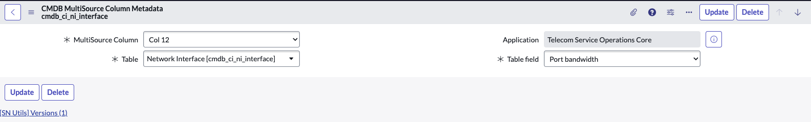 불일치하도록 구성된 필드가 있는 CMDB 멀티소스 열 메타데이터 사용자 인터페이스입니다.