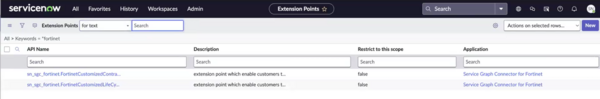 API 이름 목록에 FortinetCustomizedContractParsing을 보여주는 스크립팅된 확장점 페이지