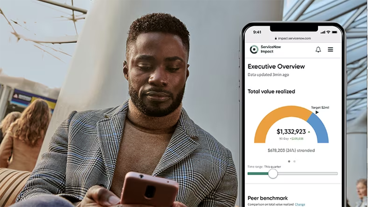 A businessman monitors digital transformation on his cellphone.