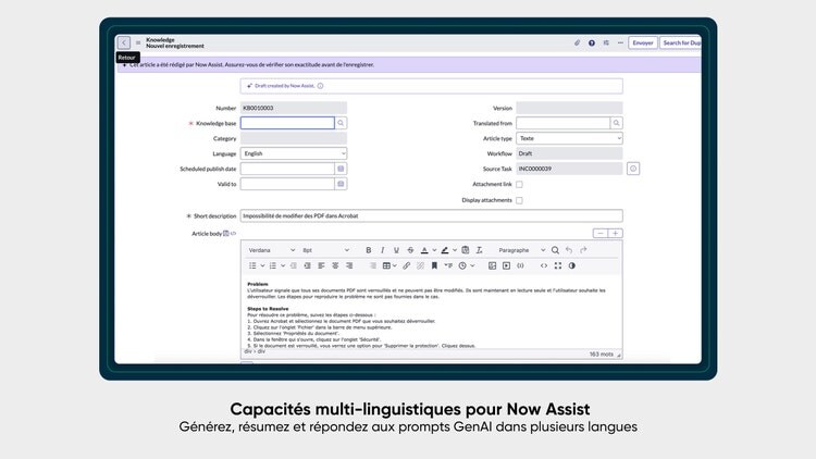 Capacités multi-linguistiques pour Now Assist: Générez, résumez et répondez aux prompts GenAI dans plusieurs langues