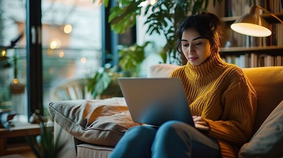 Femme en pull jaune utilisant un ordinateur portable sur un canapé confortable