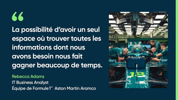 La possibilité d’avoir un seul espace où trouver toutes les informations dont nous avons besoin nous fait gagner beaucoup de temps. – Rebecca Adams, IT Business Analyst, équipe de Formule 1 Aston Martin Aramco