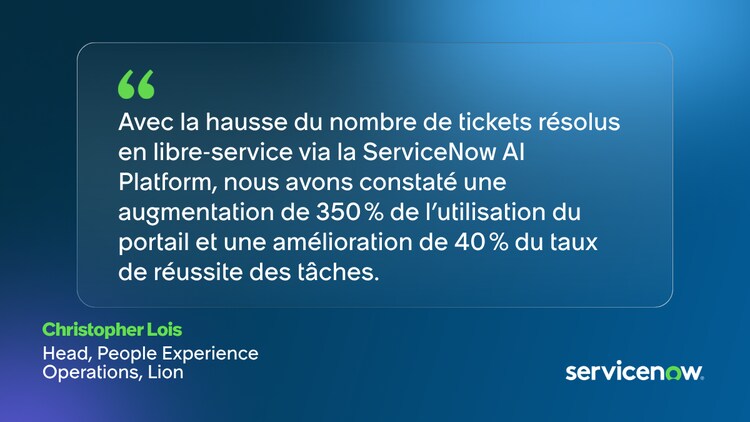 Avec la hausse du nombre de tickets résolus en libre-service via la ServiceNow AI Platform, nous avons constaté une augmentation de 350 % de l’utilisation du portail et une amélioration de 40 % du taux de réussite des tâches. – Christopher Lois, Head, People Experience Operations, Lion