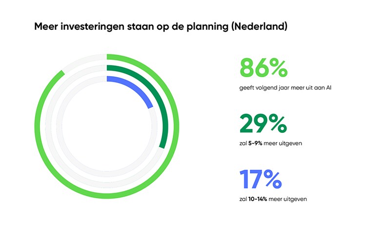 Meer investeringen staan op de planning (Nederland): 86% geeft volgend jaar meer uit aan Al, 29% zal 5-9% meer uitgeven, 17% zal 10-14% meer uitgeven