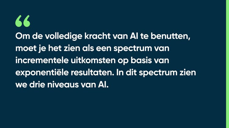 Om de volledige kracht van AI te benutten, moet je het zien als een spectrum van incrementele uitkomsten op basis van exponentiële resultaten. In dit spectrum zien we drie niveaus van AI.