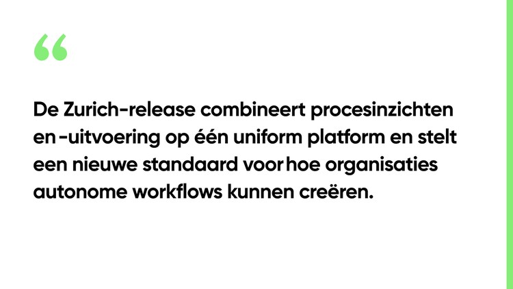 De Zurich-release combineert procesinzichten en -uitvoering op één uniform platform en stelt een nieuwe standaard voor hoe organisaties autonome workflows kunnen creëren.