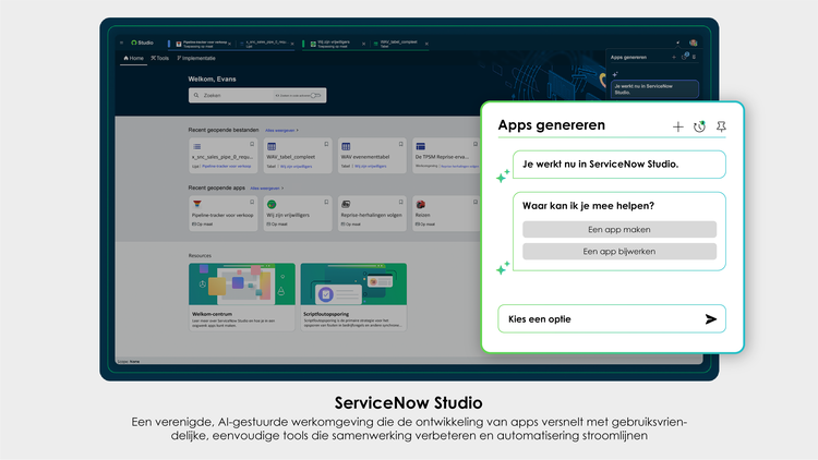 ServiceNow Studio: Een verenigde, AI-gestuurde werkomgeving die de ontwikkeling van apps versnelt met gebruiksvriendelijke, eenvoudige tools die samenwerking verbeteren en automatisering stroomlijnen.