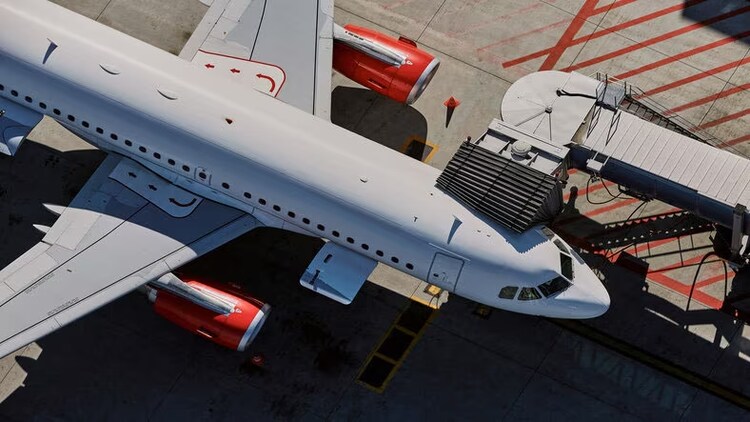 Airport support: overhead shot of an airplane at a gate