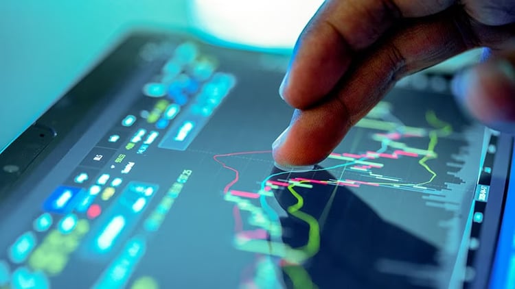 Technology risk: fingers on a tablet screen graph