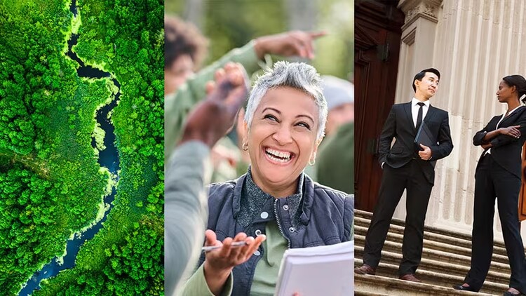 ESG technology: green surrounding a river, woman smiling, 2 government employees in conversation