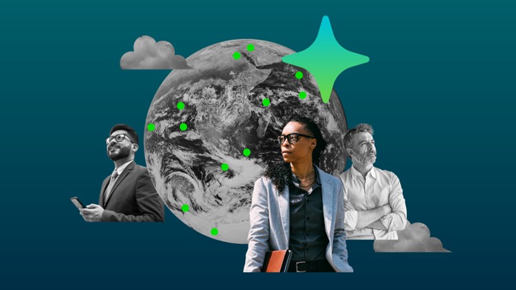 A globe with dots on it, flanked by three workers and featuring an AI star to indicate the power of AI