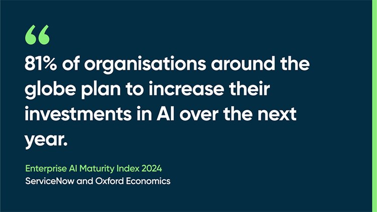 81% of organisations around the globe plan to increase their investments in AI over the next year. -Enterprise AI Maturity Index 2024, ServiceNow and Oxford Economics