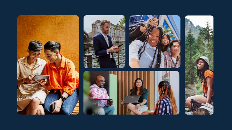 People making the world work better: collage of people using devices