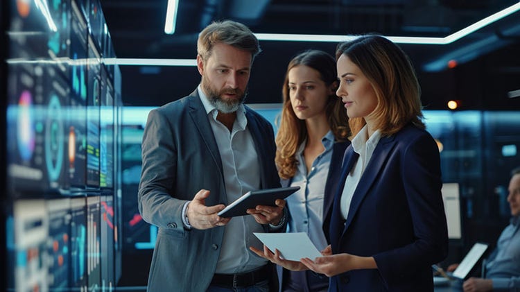 AI for security: three workers looking at a tablet