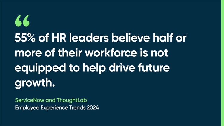 55% of HR leaders believe half or more of their workforce is not equipped to help drive future growth. -ServiceNow and ThoughtLab, Employee Experience Trends 2024