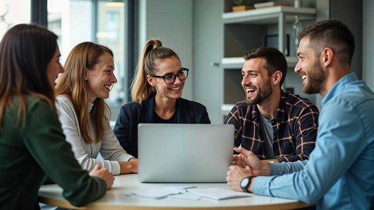 Five people collaborating around a table with laptop in an office