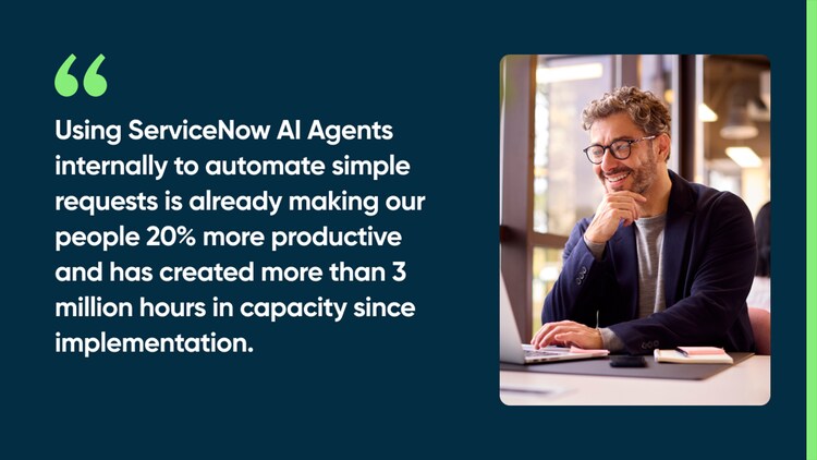Using ServiceNow AI Agents internally to automate simple requests is already making our people 20% more productive and has created more than 3 million hours in capacity since implementation.