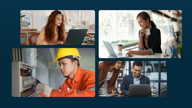 Four images representing people in banking, technology, telecom, and public sector