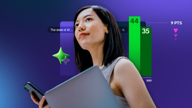 Woman holding a phone and laptop against a purple background with a bar graph and two four-pronged stars to represent AI advancement