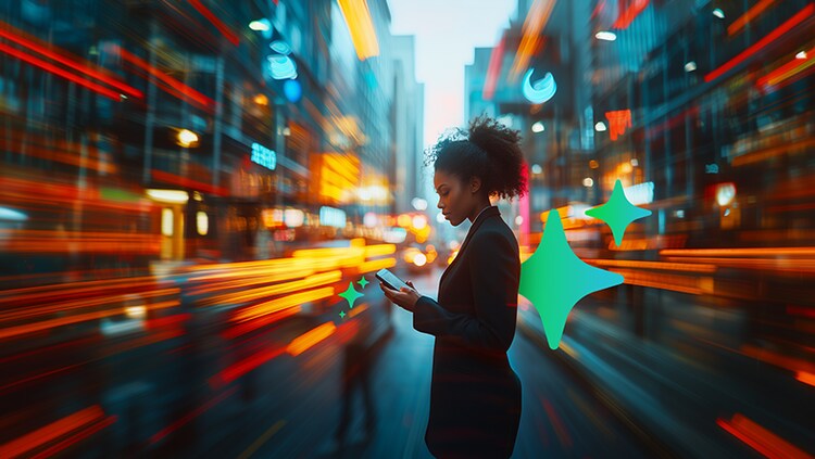 Public services: woman standing on a busy city street looking at a phone in her hands, with the speed of AI depicted around her