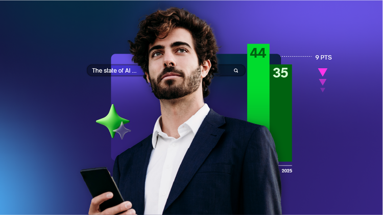 Person with smartphone in front of AI stats and search bar showing 2025 AI maturity data