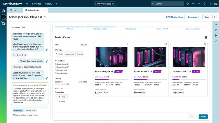 A screenshot of the ServiceNow Customer Relationship Management Workspace dashboard