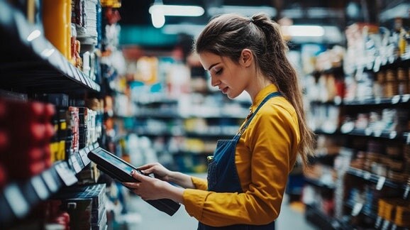 A young female store worker checking inventory on a tablet in an aisle