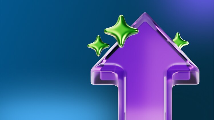 A 3D purple arrow pointing up with three green AI starts around it
