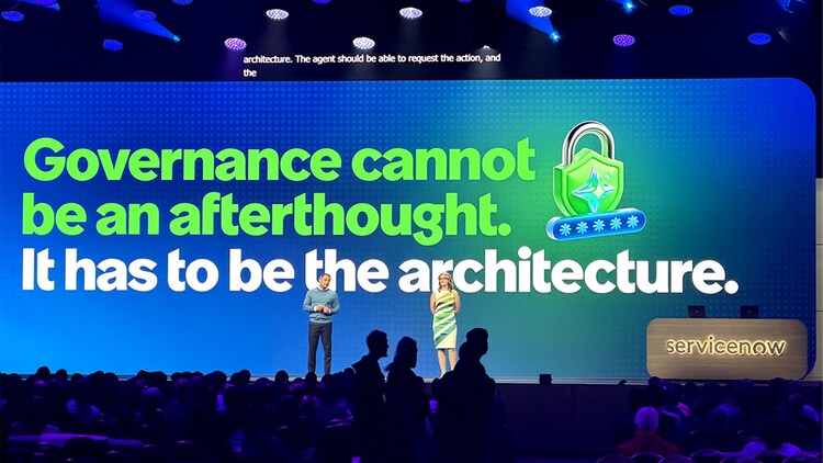 "Governance cannot be an afterthought. It has to be the architecture." text on Keynote screen at Knowledge 26.